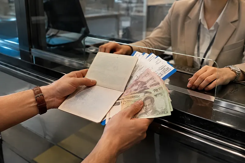 Загранпаспорт, авиабилеты и тайские банкноты на стойке оформления документов